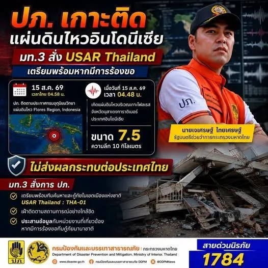 แผ่นดินไหวอินโดฯ 7.5 ปภ. ยันไม่กระทบไทย "เจเศรษฐ์" สั่ง USAR Thailand สแตนด์บายพร้อมช่วย