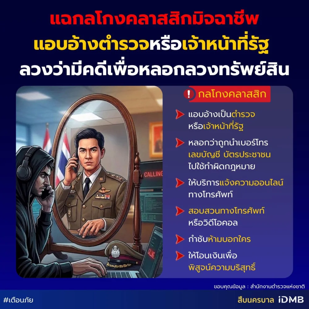 แฉกลโกงคลาสสิกมิจฉาชีพ แอบอ้างตํารวจหรือเจ้าหน้าที่รัฐ ลวงว่ามีคดีเพื่อหลอกลวงทรัพย์สิน