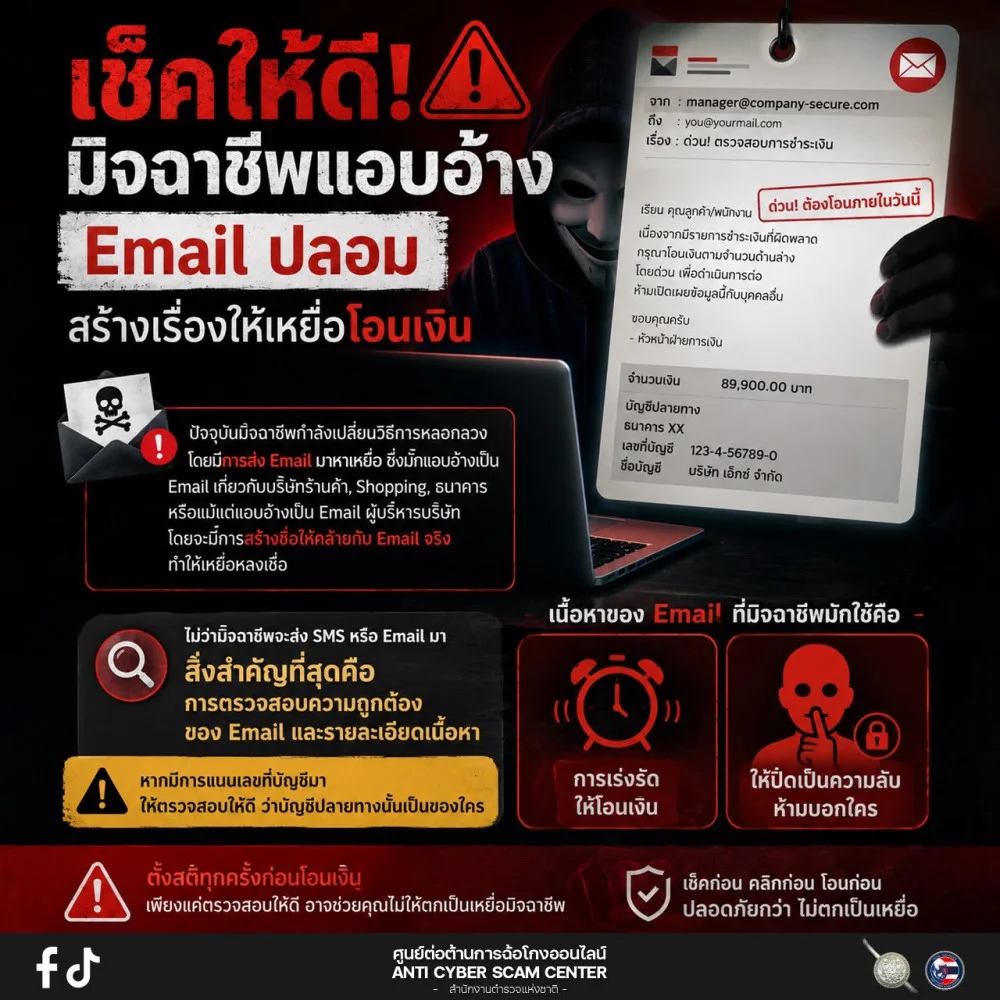 เช็คให้ดี มิจฉาชีพแอบอ้าง Email ปลอม สร้างเรื่องให้เหยื่อโอนเงิน