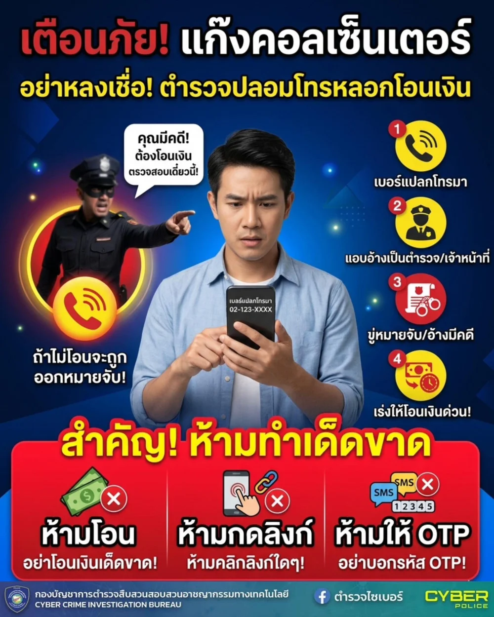 เตือนภัย! แก๊งคอลเซ็นเตอร์อ้างเป็นตํารวจ หลอกโอนเงิน  สังเกต 4 พฤติกรรม "ตํารวจปลอม"
