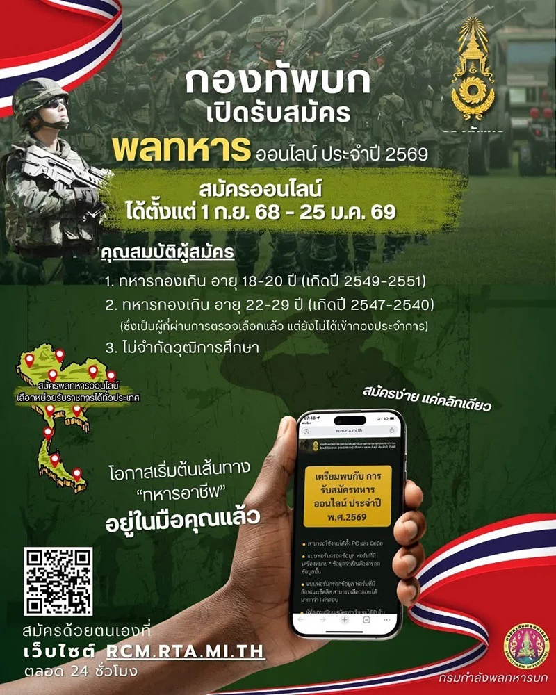 กองทัพบกเปิดรับสมัครพลทหารออนไลน์ ปี 2569