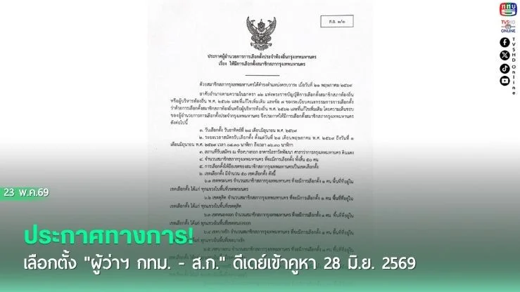 ประกาศทางการ! เลือกตั้ง "ผู้ว่าฯ กทม. - ส.ก." ดีเดย์เข้าคูหา 28 มิ.ย. 2569