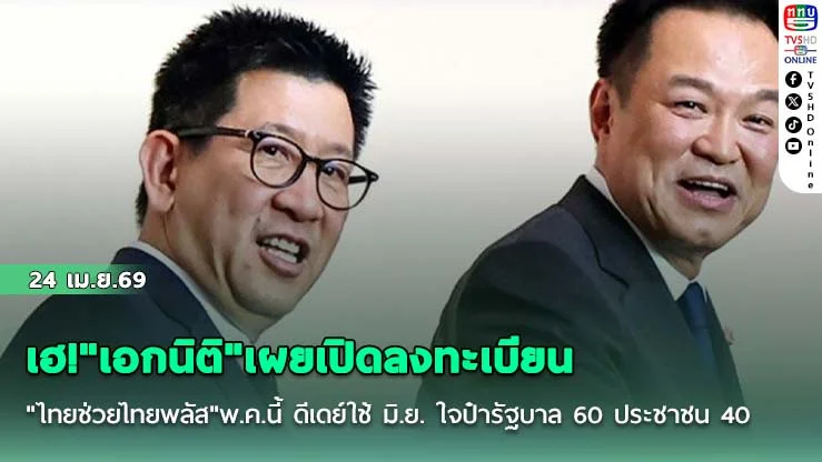 เฮ!"เอกนิติ"เผยเปิดลงทะเบียน"ไทยช่วยไทยพลัส"พ.ค.นี้ ดีเดย์ใช้ มิ.ย. ใจป๋ารัฐบาล 60 ประชาชน 40