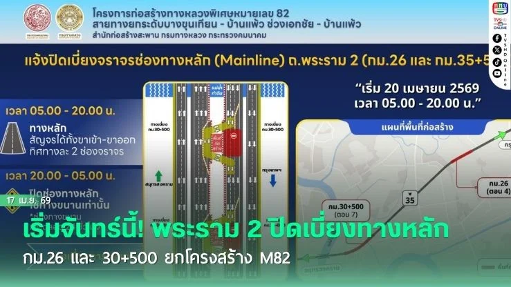 เริ่มจันทร์นี้! พระราม 2 ปิดเบี่ยงทางหลัก กม.26 และ 30+500 ยกโครงสร้าง M82