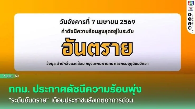 กรุงเทพฯ ร้อนระอุ! กทม. ประกาศดัชนีความร้อนพุ่ง "ระดับอันตราย" เตือนประชาชนสังเกตอาการด่วน