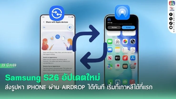 Samsung S26 อัปเดตใหม่ ส่งรูปหา iPhone ผ่าน AirDrop ได้ทันที เริ่มที่เกาหลีใต้ที่แรก