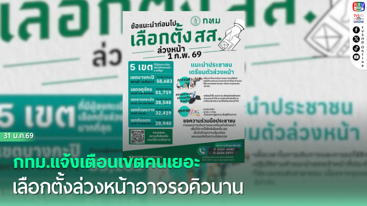 กทม.แจ้งเตือนเขตคนเยอะ เลือกตั้งล่วงหน้าอาจรอคิวนาน