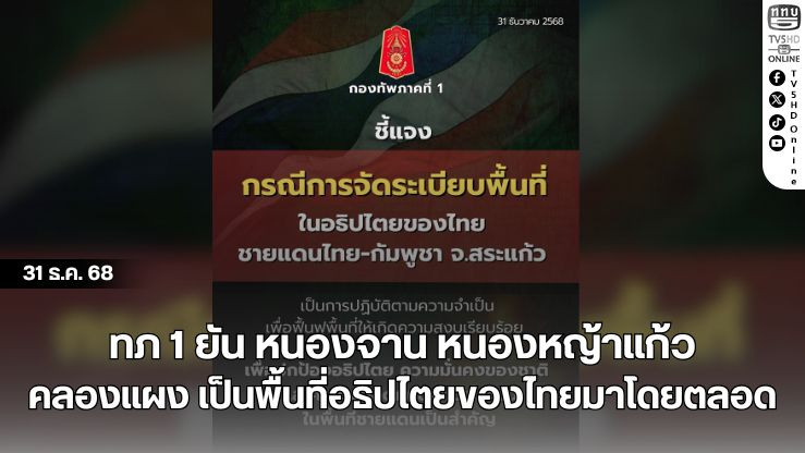 ทภ 1 ยัน หนองจาน หนองหญ้าแก้ว คลองแผง เป็นพื้นที่อธิปไตยของไทยมาโดยตลอด
