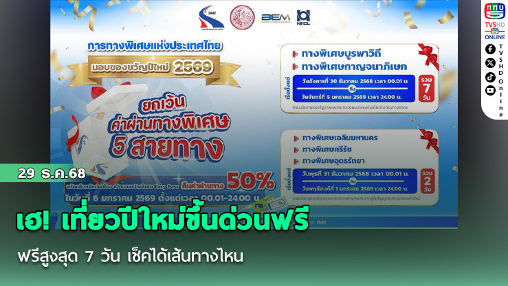เฮ! เที่ยวปีใหม่ขึ้นด่วนฟรี ฟรีสูงสุด 7 วัน เช็คได้เส้นทางไหน