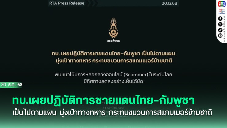 ทบ.เผยปฏิบัติการชายแดนไทย–กัมพูชาเป็นไปตามแผน มุ่งเป้าทางทหาร กระทบขบวนการสแกมเมอร์ข้ามชาติ