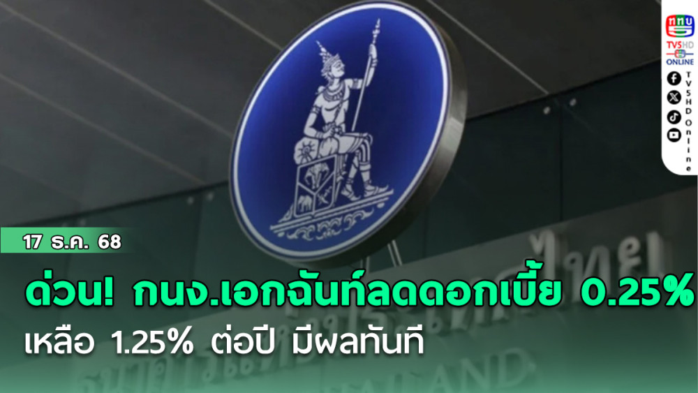 ด่วน! กนง.เอกฉันท์ลดดอกเบี้ย 0.25% เหลือ 1.25% ต่อปี มีผลทันที
