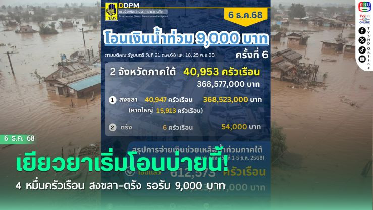 เยียวยาเริ่มโอนบ่ายนี้! 4 หมื่นครัวเรือน สงขลา–ตรัง รอรับ 9,000 บาท