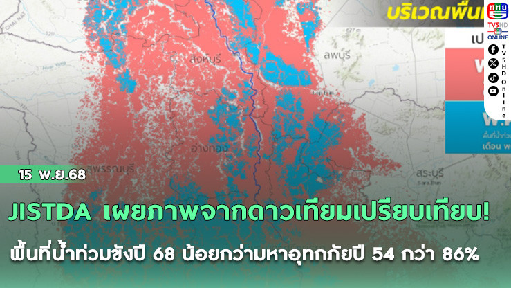 JISTDA เผยภาพจากดาวเทียมเปรียบเทียบ! พื้นที่น้ําท่วมขังปี 68 น้อยกว่ามหาอุทกภัยปี 54 กว่า 86%