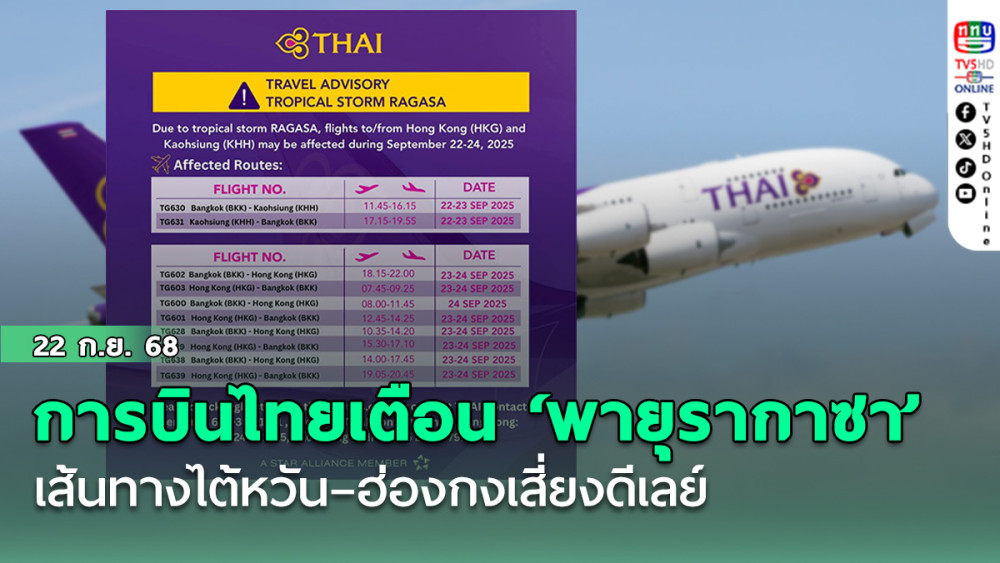 การบินไทยเตือน พายุ “รากาซา”เส้นทางไต้หวัน–ฮ่องกงเสี่ยงดีเลย์