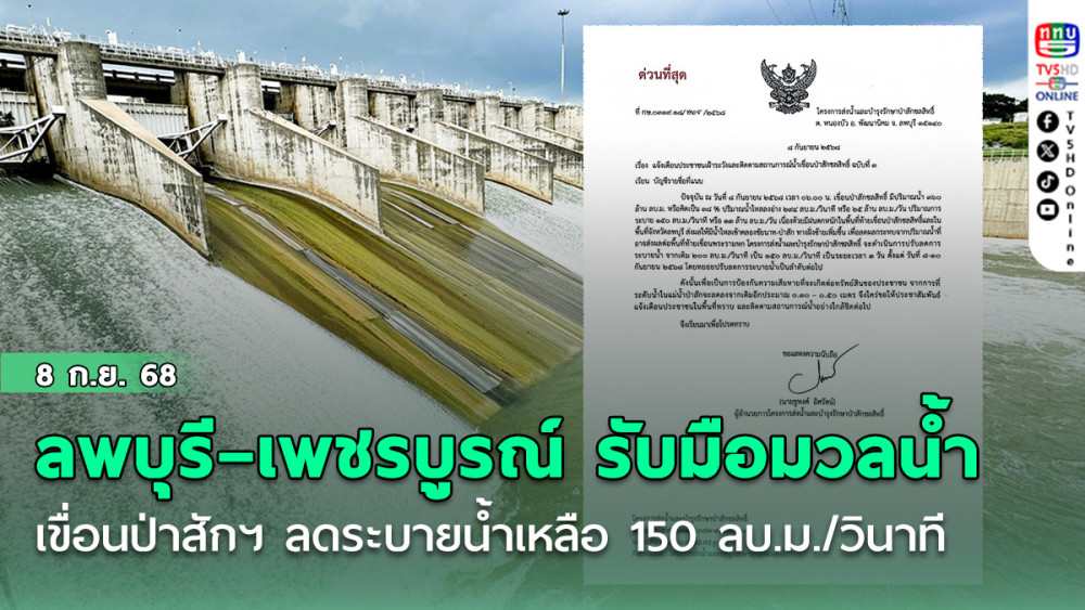 ลพบุรี–เพชรบูรณ์ รับมือมวลน้ํา เขื่อนป่าสักฯ ลดระบายน้ําเหลือ 150 ลบ.ม./วินาที