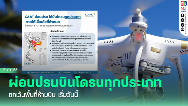 ผ่อนปรนบินโดรนทุกประเภท ยกเว้นพื้นที่ห้ามบิน เริ่มวันนี้
