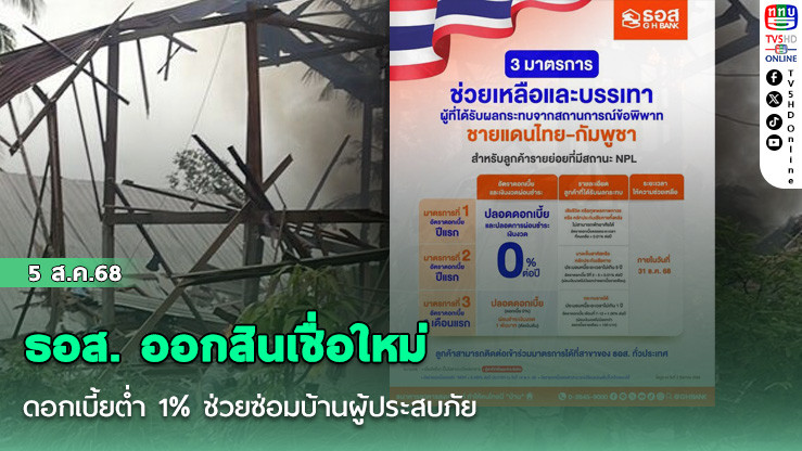ธอส. ออกสินเชื่อใหม่ดอกเบี้ยต่ํา 1% ช่วยซ่อมบ้านผู้ประสบภัย