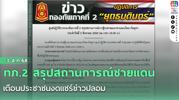 ทภ.2 สรุปสถานการณ์ชายแดน เตือนประชาชนงดแชร์ข่าวปลอม