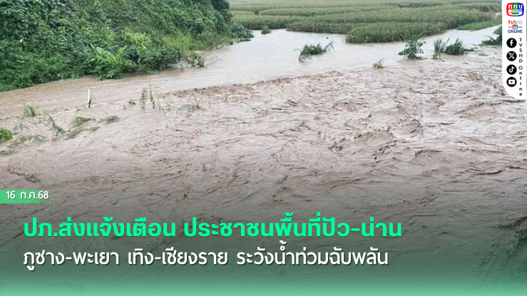 ปภ.ส่งแจ้งเตือน ประชาชนพื้นที่ปัว-น่าน ภูซาง-พะเยา เทิง-เชียงราย ระวังน้ำท่วมฉับพลัน