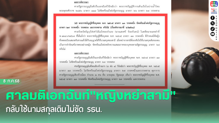 ศาลรัฐธรรมนูญชี้! หญิงหย่าสามีต้องกลับใช้นามสกุลเดิม ไม่ขัด รธน. ไม่จำกัดเสรีภาพ ไม่เลือกปฏิบัติ