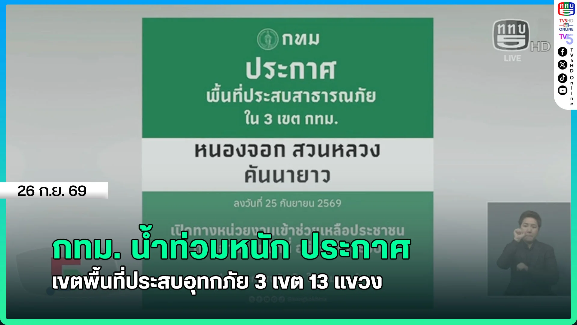 กทม. น้ำท่วมหนัก ประกาศเขตพื้นที่ประสบอุทกภัย 3 เขต 13 แขวง