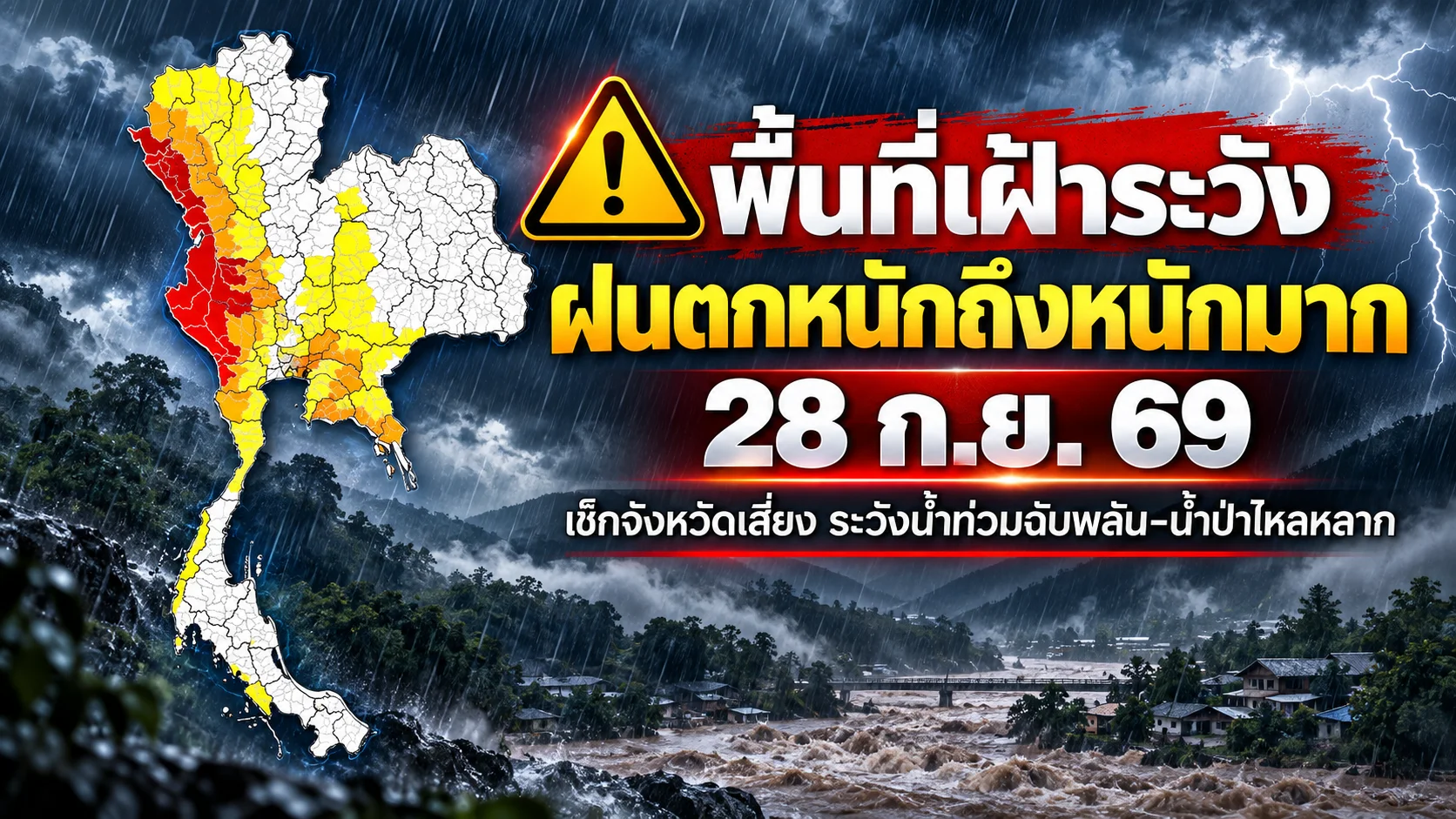 กรมอุตุฯ เผยพื้นที่เฝ้าระวังฝนตกหนักถึงหนักมาก วันที่ 28 ก.ย. 69