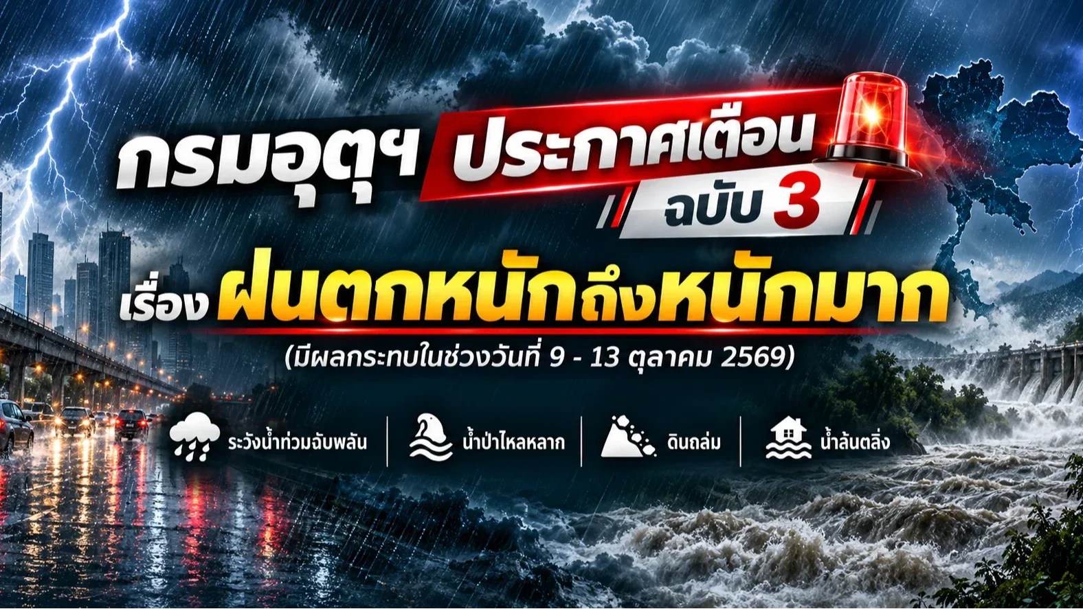 กรมอุตุฯ ประกาศเตือน ฉบับ3 เรื่องฝนตกหนักถึงหนักมาก