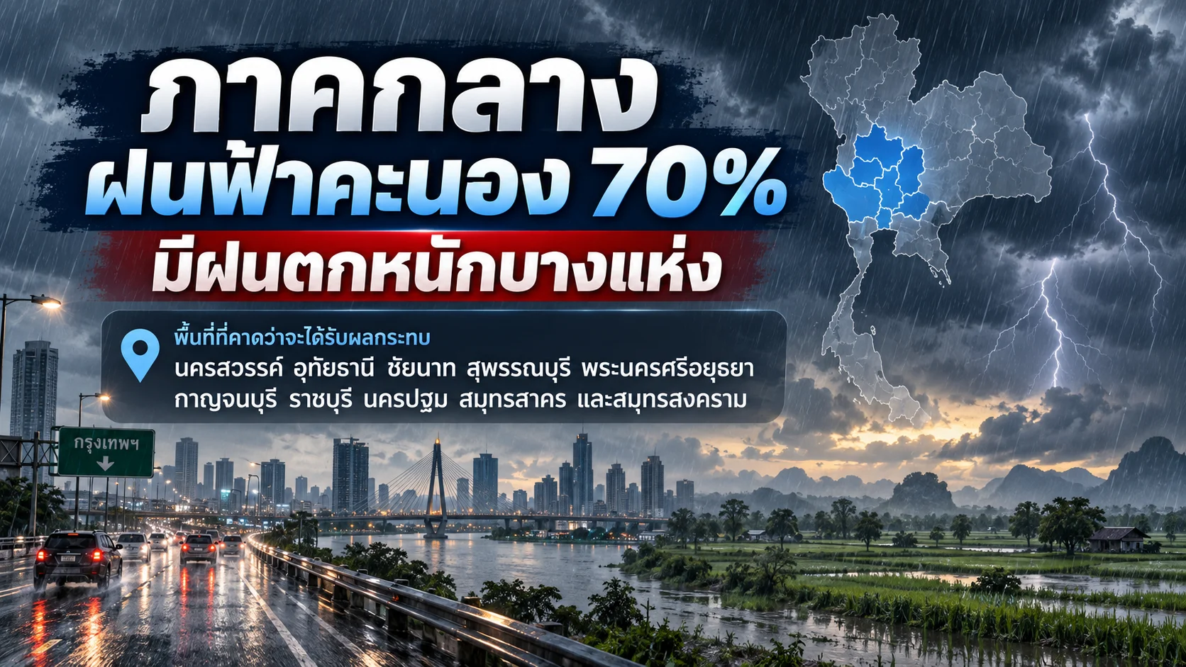 กรมอุตุฯ เตือน ฝนตกหนักบางแห่ง ภาคกลางฝนฟ้าคะนองสูงสุด 70%