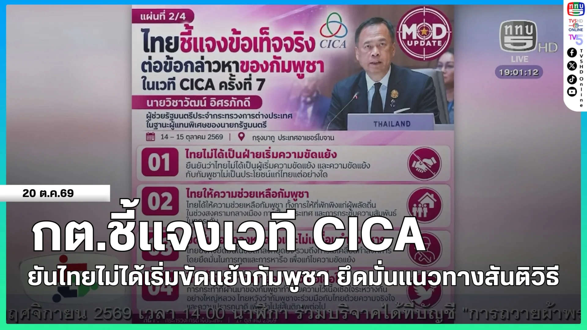 กต.ชี้แจงเวที CICA ยันไทยไม่ได้เริ่มขัดแย้งกัมพูชา ยึดมั่นแนวทางสันติวิธี