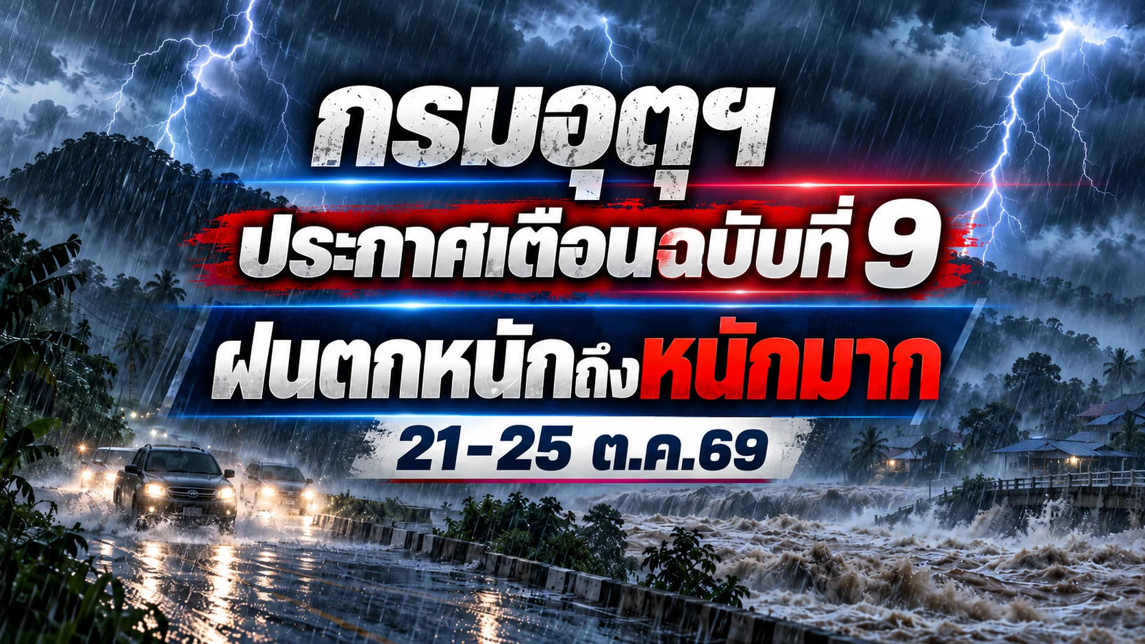 กรมอุตุ เตือนฉบับที่ 9 ฝนตกหนักถึงหนักมาก 21-25 ต.ค.69