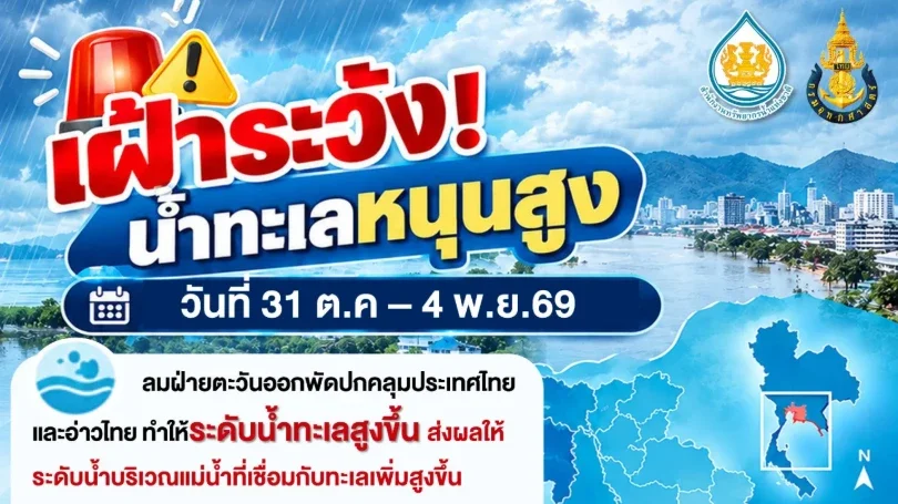 สทนช.เตือนน้ำทะเลหนุนสูง 31 ต.ค.–4 พ.ย. เฝ้าระวัง 8 พื้นที่
