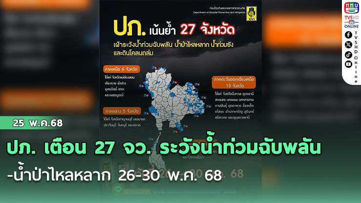 ปภ. เตือน 27 จว. ระวังน้ำท่วมฉับพลัน-น้ำป่าไหลหลาก 26-30 พ.ค. 68