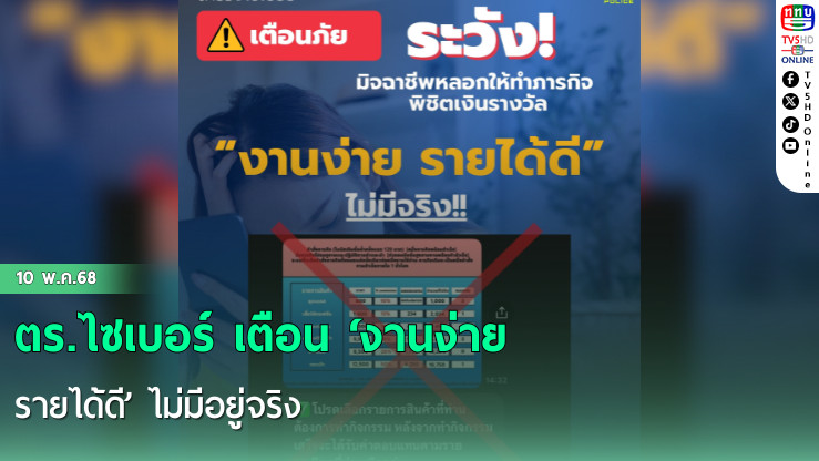 ตร.ไซเบอร์ เตือน ‘งานง่าย รายได้ดี’ ไม่มีอยู่จริง
