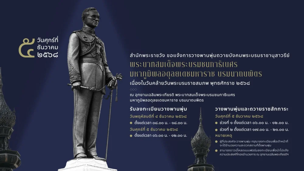 สํานักพระราชวัง ขอแจ้งการวางพานพุ่มถวายบังคมพระบรมราชานุสาวรีย์พระบาทสมเด็จพระบรมชนกาธิเบศร มหาภูมิพลอดุลยเดชมหาราช บรมนาถบพิตร ในวันศุกร์ ที่ ๕ ธันวาคม ๒๕๖๘