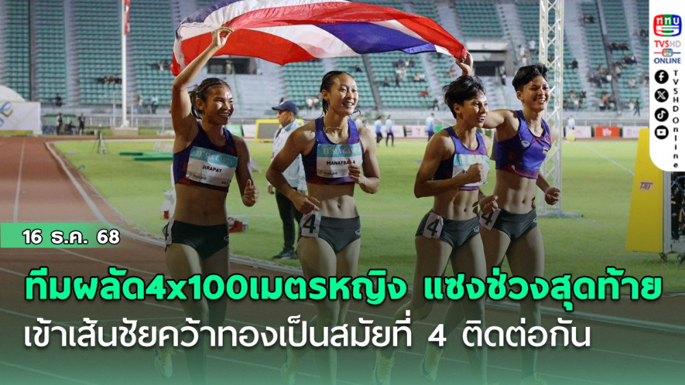 ทีมผลัด 4x100 เมตรหญิง แซงคู่แข่งในช่วงสุดท้าย เข้าเส้นชัยคว้าทองเป็นสมัยที่ 4 ติดต่อกัน
