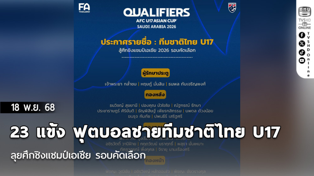 ประกาศ : รายชื่อ 23 แข้ง ฟุตบอลชายทีมชาติไทย U17 ลุยศึกชิงแชมป์เอเชีย รอบคัดเลือก