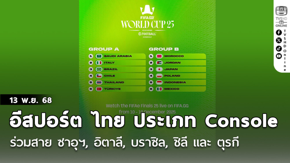 อีสปอร์ต ไทย ประเภท Console ร่วมสาย ซาอุฯ, อิตาลี, บราซิล, ชิลี และ ตุรกี ศึก FIFAe World Cup 2025 ft. eFootball