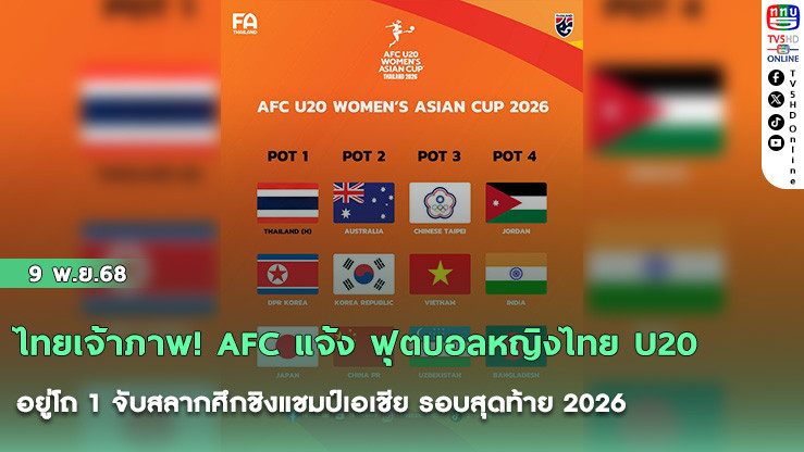 ไทยเจ้าภาพ! AFC แจ้ง ฟุตบอลหญิงไทย U20 อยู่โถ 1 จับสลากศึกชิงแชมป์เอเชีย รอบสุดท้าย 2026