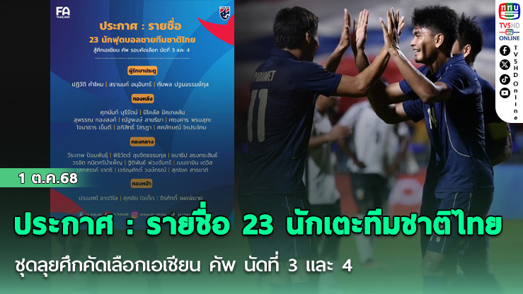 ประกาศ : รายชื่อ 23 นักเตะทีมชาติไทย ชุดลุยศึกคัดเลือกเอเชียน คัพ นัดที่ 3 และ 4