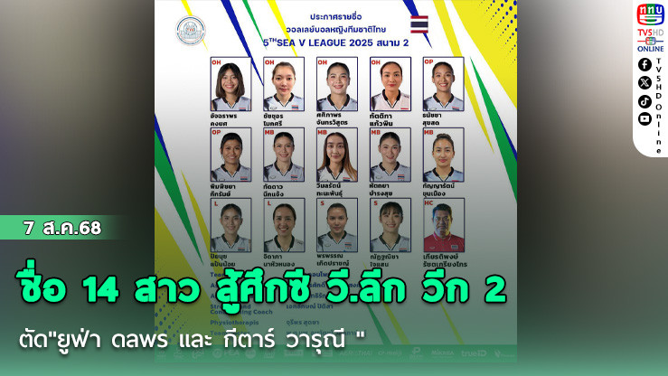 ประกาศรายชื่อ 14 สาว สู้ศึกซี วี.ลีก วีก 2 ตัด"ยูฟ่า ดลพร และ กีตาร์ วารุณี "