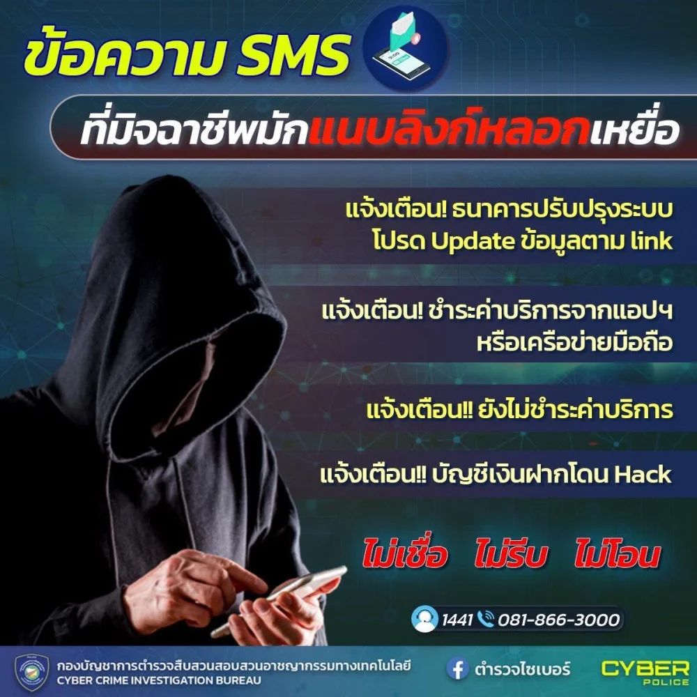 ตํารวจไซเบอร์ฝากเตือนภัย ข้อความ SMS ที่มิจฉาชีพมักแนบลิงก์หลอกเหยื่อ