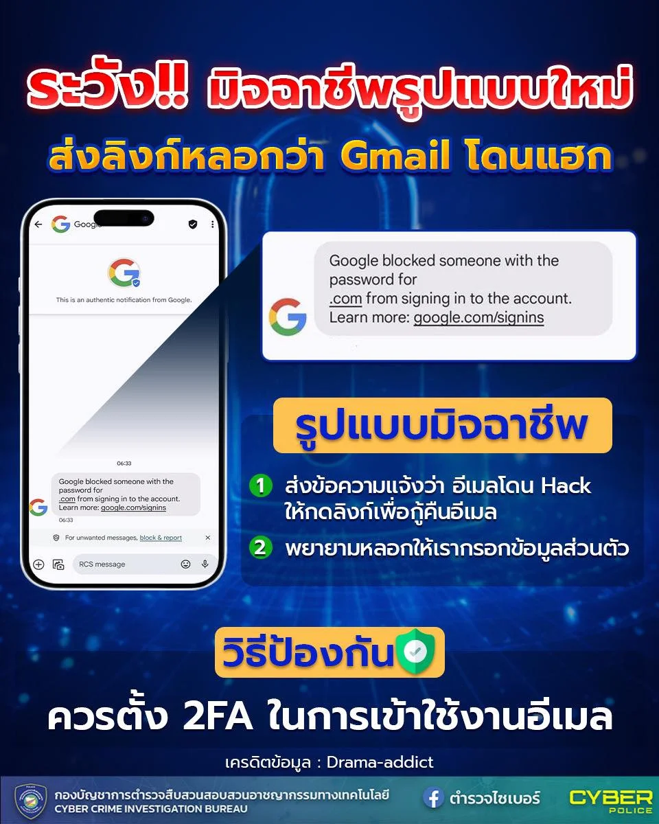 ตํารวจไซเบอร์ฝากเตือนภัย ระวัง!!มิจฉาชีพรูปแบบใหม่ ส่งลิงก์หลอก Gmail โดนแฮก