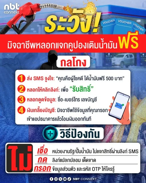 ระวัง!มิจฉาชีพ หลอกแจกคูปองเติมน้ํามันฟรี คิดสักนิดของฟรีไม่มีในโลก