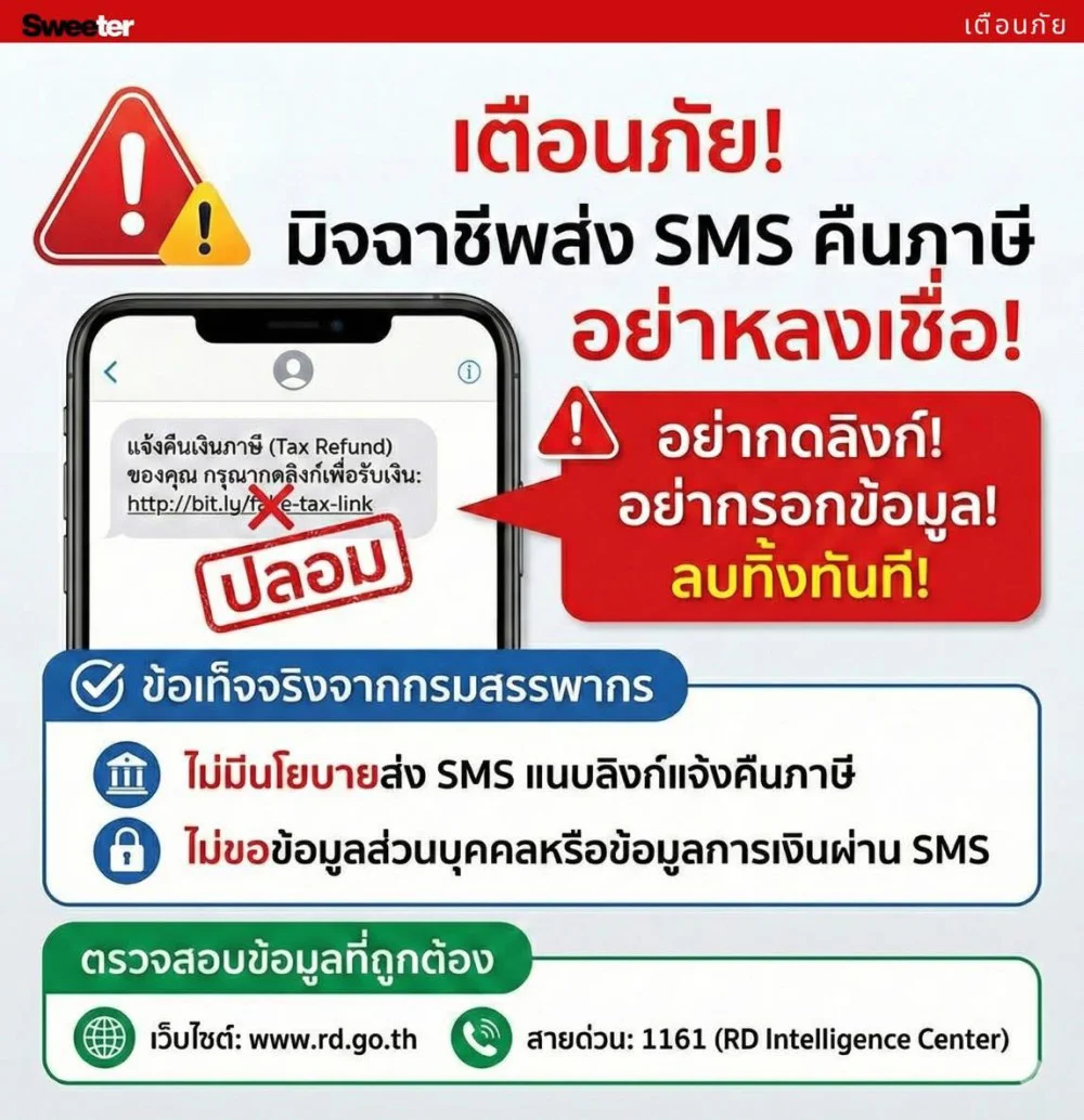 ช่วงนี้ใครได้รับ SMS แจ้งว่าได้รับเงินคืนภาษี (Tax Refund) พร้อมแนบลิงก์ให้กด #ห้ามกดเด็ดขาด
