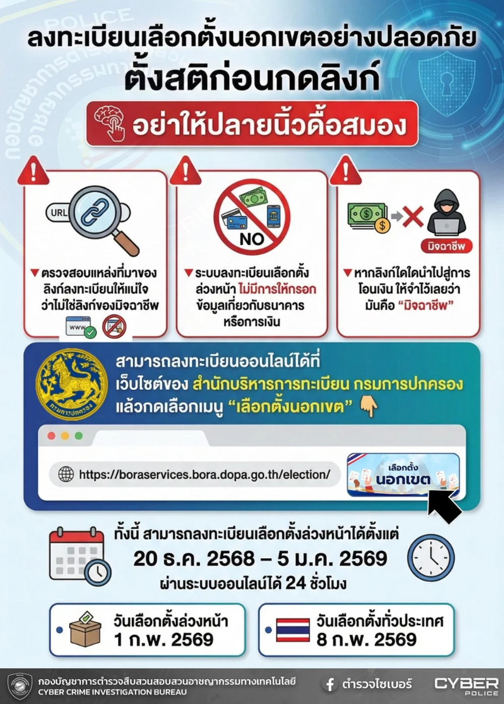 ลงทะเบียนเลือกตั้งนอกเขตอย่างปลอดภัย ตั้งสติก่อนกดลิงก์ อย่าให้ปลายนิ้วดื้อสมอง