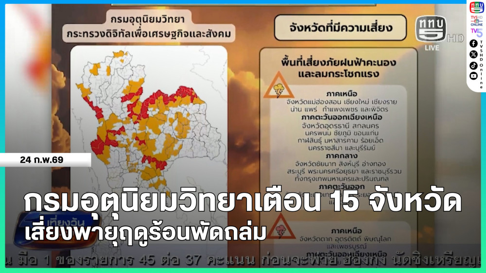 กรมอุตุนิยมวิทยาเตือน 15 จังหวัด เสี่ยงพายุฤดูร้อนพัดถล่ม