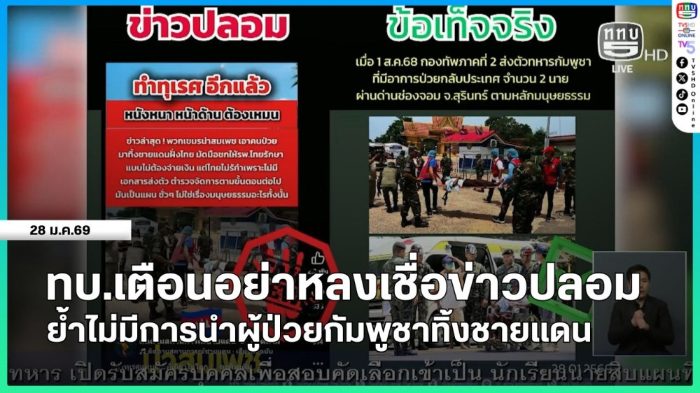 กองทัพบกเตือนอย่าหลงเชื่อข่าวปลอม ย้ําไม่มีการนําผู้ป่วยกัมพูชาทิ้งชายแดน