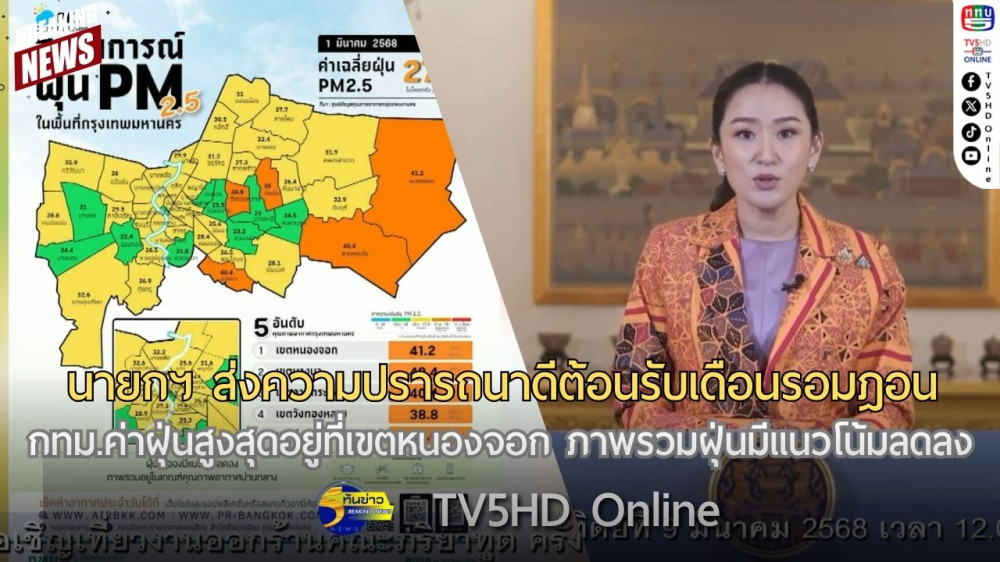 นายกฯ ส่งความปรารถนาดีต้อนรับเดือนรอมฎอน + กทม.ค่าฝุ่นสูงสุดอยู่ที่เขตหนองจอก ภาพรวมฝุ่นมีแนวโน้มลดลง