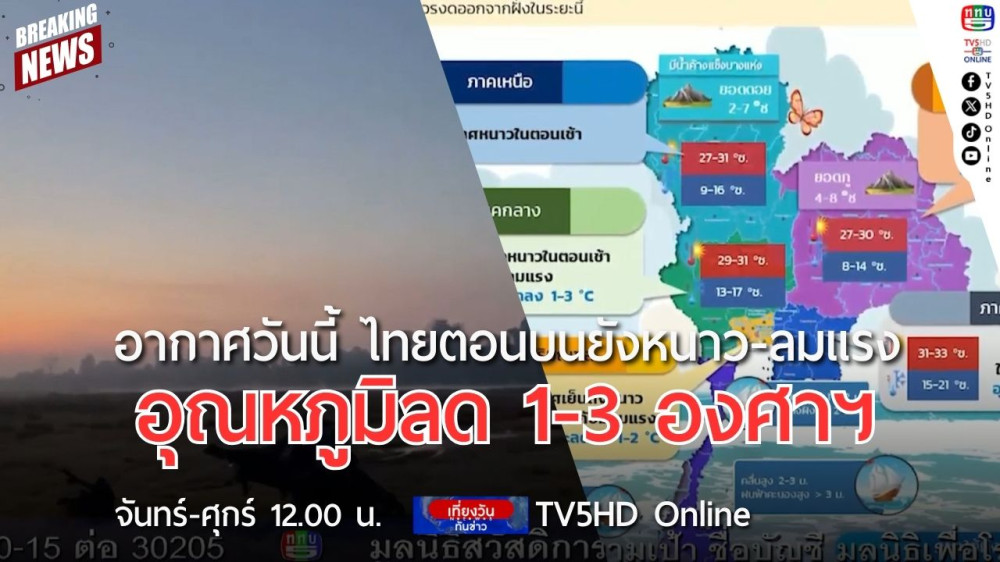อากาศวันนี้ ไทยตอนบนยังหนาว-ลมแรง อุณหภูมิลด 1-3 องศาฯ