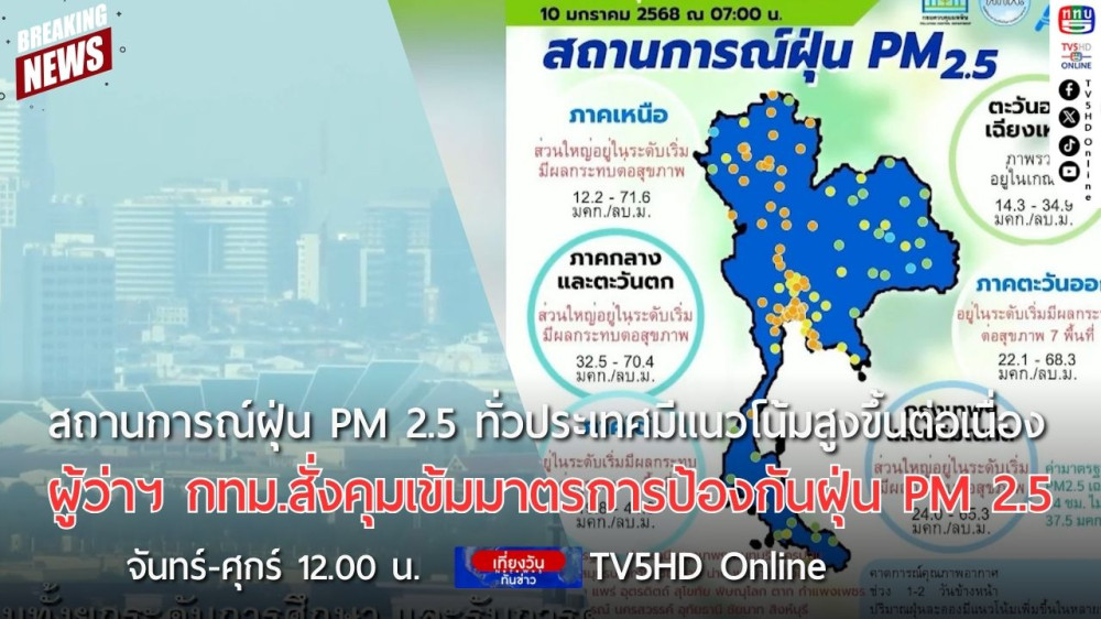 สถานการณ์ฝุ่น PM 2.5 ทั่วประเทศมีแนวโน้มสูงขึ้นต่อเนื่อง + ผู้ว่าฯ กทม.สั่งคุมเข้มมาตรการป้องกันฝุ่น PM 2.5